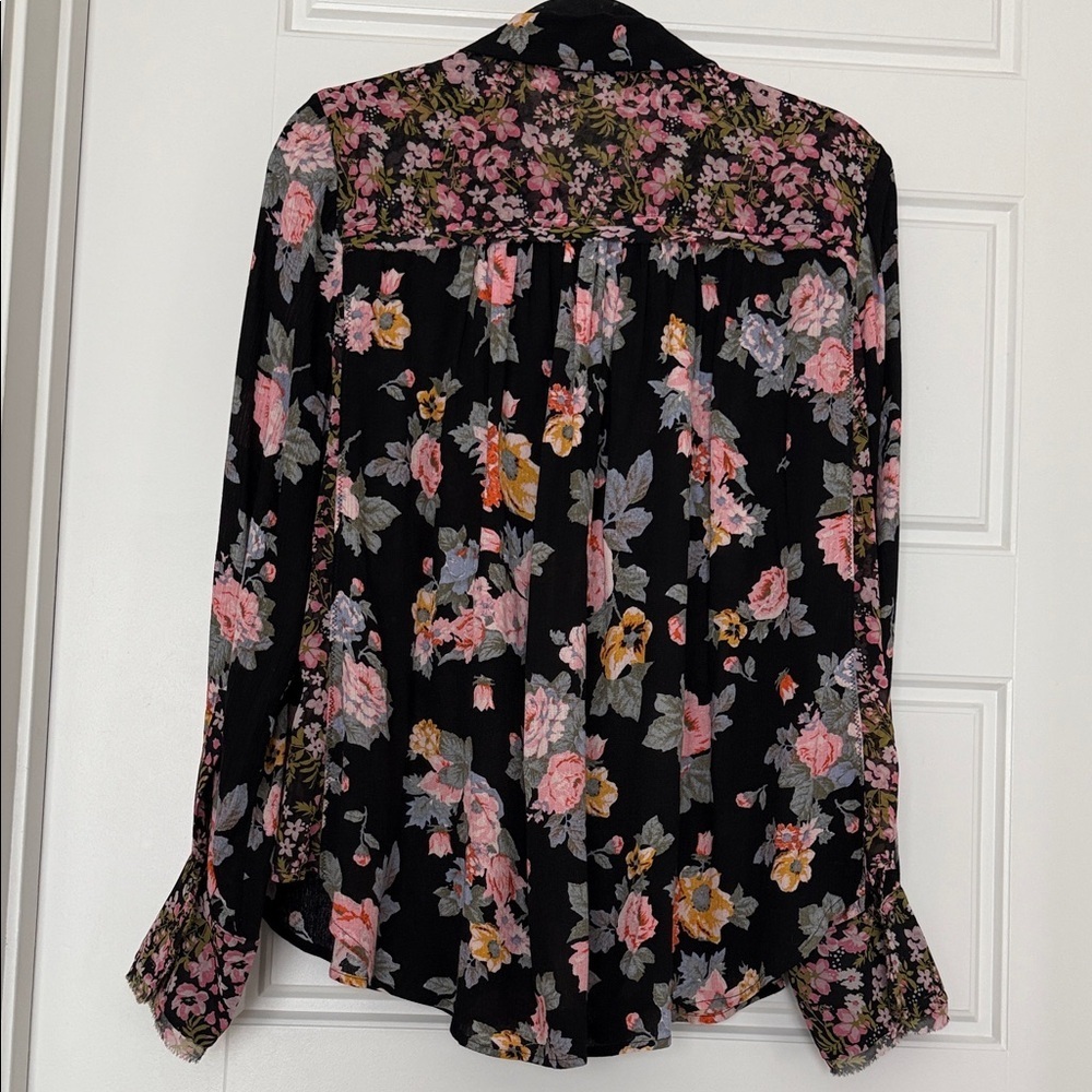 Free People Long Sleeve Button Down Black Floral Top Sz M - Picture 3 of 10